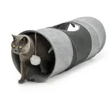 lionto Katzentunnel mit Spielball, 30x70 cm, Faltbarer erweiterbarer Spieltunnel aus pflegeleichtem Faux-Linen-Material für Katzen, Robustes Katzenspielzeug, 30 cm Durchmesser