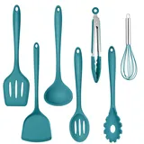 TEAMFAR Küchenhelfer, Antihaft Silikon Küchenset Küchenutensilien 7er Set, Hitzebeständiger Kochbesteck Kochutensilien Set mit Pfannenwender für Kochen, Ungiftig, Leicht zu reinigen, Blau