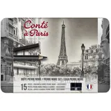Conté à Paris 750410 Pierre Noire Set in Metallbox - 7 Pierre noir Kreidestifte & 6 Carré Kreiden in schwarz mit Zubehör