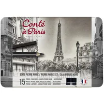 Conté à Paris 750410 Pierre Noire Set in Metallbox - 7 Pierre noir Kreidestifte & 6 Carré Kreiden in schwarz mit Zubehör
