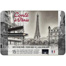 Conté à Paris 750410 Pierre Noire Set in Metallbox - 7 Pierre noir Kreidestifte & 6 Carré Kreiden in schwarz mit Zubehör