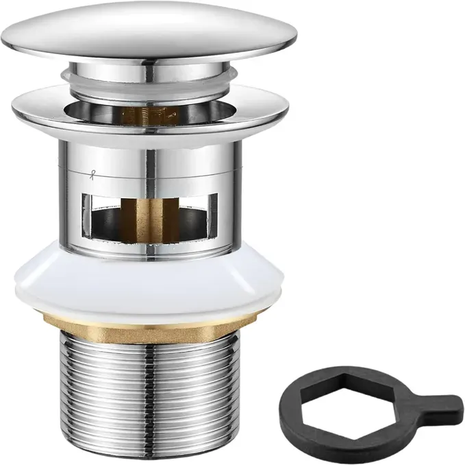 Ibergrif Becken Ablauf 11⁄4′′ mit Überlauf – Click-Clack Pop-Up Waschbeckenstöpsel, Universell G11⁄4′′ Chrom Messing Badezimmer Ablaufstöpsel