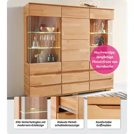 OTTO home Highboard OTTO HOME "Vetro,150cm breit,40 cm tief,Fronten Massivholz,9 Fächer", beige (kernbuche teilmassiv), B:150cm H:144,5cm T:40cm, Holz teilmassiv, Sideboards, Highboard, Kernbuche massiv, Holzwerkstoff, 3Türen,6 Schubladen, Griffmulden