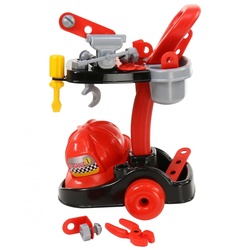 Polesie Kinder Mechaniker-Set 36612 Werkzeugwagen Zange Schraubenzieher Helm rot
