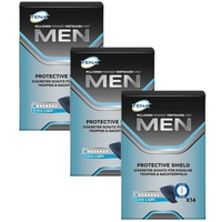 TENA MEN Protective Shield Extra Light, diskrete & komfortable schwarze Hygiene-Einlagen für Männer mit leichter Blasenschwäche, 42 Hygiene-Einlagen (3 x 14 Stück) im Vorratspacket