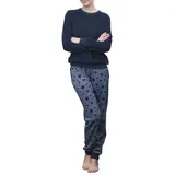 Normann Pyjama Damen Frottee Schlafanzug mit Bündchen und Sterne als Motiv blau 40/42