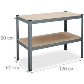 Relaxdays Werkbank, 150kg, HxBxT: 90x120x60 cm, 2 verstellbare Ebenen, Werktisch, Stahl & MDF, Werkstattregal, anthrazit