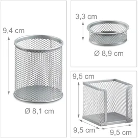 Relaxdays Schreibtisch Organizer Set Metall, Schreibtisch-Set, Büroset Mesh, Zettelbox, zwei Köcher, silber