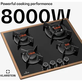 Klarstein Lumiflame Gaskochfeld, 4-Brenner, 8 kW, Kupferrahmen & Glas, Elektrische Zündung, FFD-Sicherheit, Gusseiserne Topfträger, 60 cm, LPG & | | Braun
