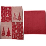 ROSS Geschirrtuch »Weihnachtsküchentuch - BAUM, Weihnachten«, (Set, 2 tlg., 1x Frottiertuch uni - 50x50 cm, 1x Geschirrtuch mit Motiv - 50x70 cm), rot