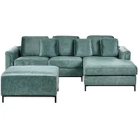 4-Sitzer Ecksofa Samt blaugrün links mit Ottomane modern Edelstahlfüße Oslo