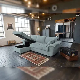 KAWOLA Sofa DAMETO Ecksofa Bettsofa Schlafsofa mit Stauraum Cord hellblau