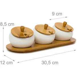 Relaxdays Gewürzhalter Jiao, Keramik/bambus, Hxbxt:8,5x30,5x12cm, Gewürzdosen mit Deckel Halter, natur