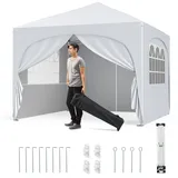 COSTWAY Pavillon 3x3 m, Faltpavillon mit 4 abnehmbaren Seitenwänden & 4 Sandsäcke, Gartenpavillon UV-Schutz 50+ inkl. Rolltasche, 8 Heringe, 4 Anker, 4 Windseile, Gartenzelt für Strand, Garten (Weiß)