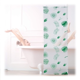 Relaxdays Duschrollo Blätter, 60x240cm, Seilzugrollo für Dusche & Badewanne, wasserabweisend, Decke & Fenster, weiß/grün