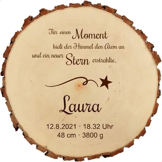 Baumscheibe 18cm mit Gravur (Name, Datum, Uhrzeit, Gewicht, Größe) personalisierte Holz-Scheibe Taufgeschenke Geschenke zur Geburt Taufe, MotivGE1