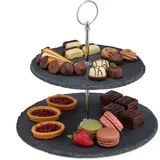 Relaxdays 4 x Etagere Schiefer, 2 Etagen, anthrazit/Silber