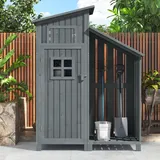 Gerätehaus Geräteschuppen mit sattelförmige Struktur PVC Dach, Gartenbox mit Fundament und 2 großen Stauraum Ablagen, Gartenbox wasserdicht Outdoor Schrank, Gartenhütte Gerätehäuser 124x46x174cm Grau