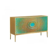 KAWOLA Sideboard LAGO 2 Türen 3 Schubladen Glas grün Fuß Edelstahl goldfarben