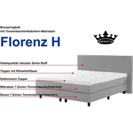 Bengus Boxspringbett FLORENZ 180x200cm Härtegrade 2x H3 Stoffbezug grau - Grau