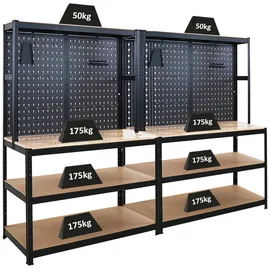 Proregal Mega Deal 2x Profi Werkbank GIANT BEAST mit Lochwand 180x120x60cm Fachlast 175kg Inkl. Werkzeughalter Set Schwarz