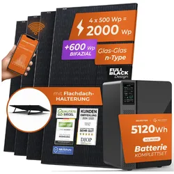 Solarway® All In One Balkonkraftwerk mit Speicher 2000W komplett Steckdose - 5,1 kWh Marstek Jupiter E Speicher - Solaranlage Komplettset - 500W bifaziale Solarmodule & Marstek Speicher