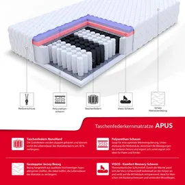 Fdm APUS Matratze 100x200 cm Taschenfederkern Höhe 24 cm Härtegrad H2 H3 7-Liegezonen Öko-Tex Allergikergeeignet Jersey Bezug Waschbar Visco-Schaum