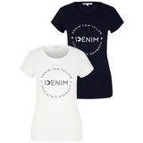 TOM TAILOR Denim Damen 1037233 Slim Fit T-Shirt Mit Logo-Print Im Doppelpack, 10668 - Sky Captain Blue, L EU