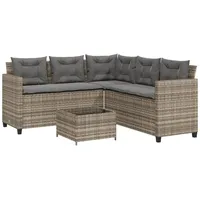 vidaXL Gartensofa in L-Form mit Tisch und Kissen Grau Poly Rattan