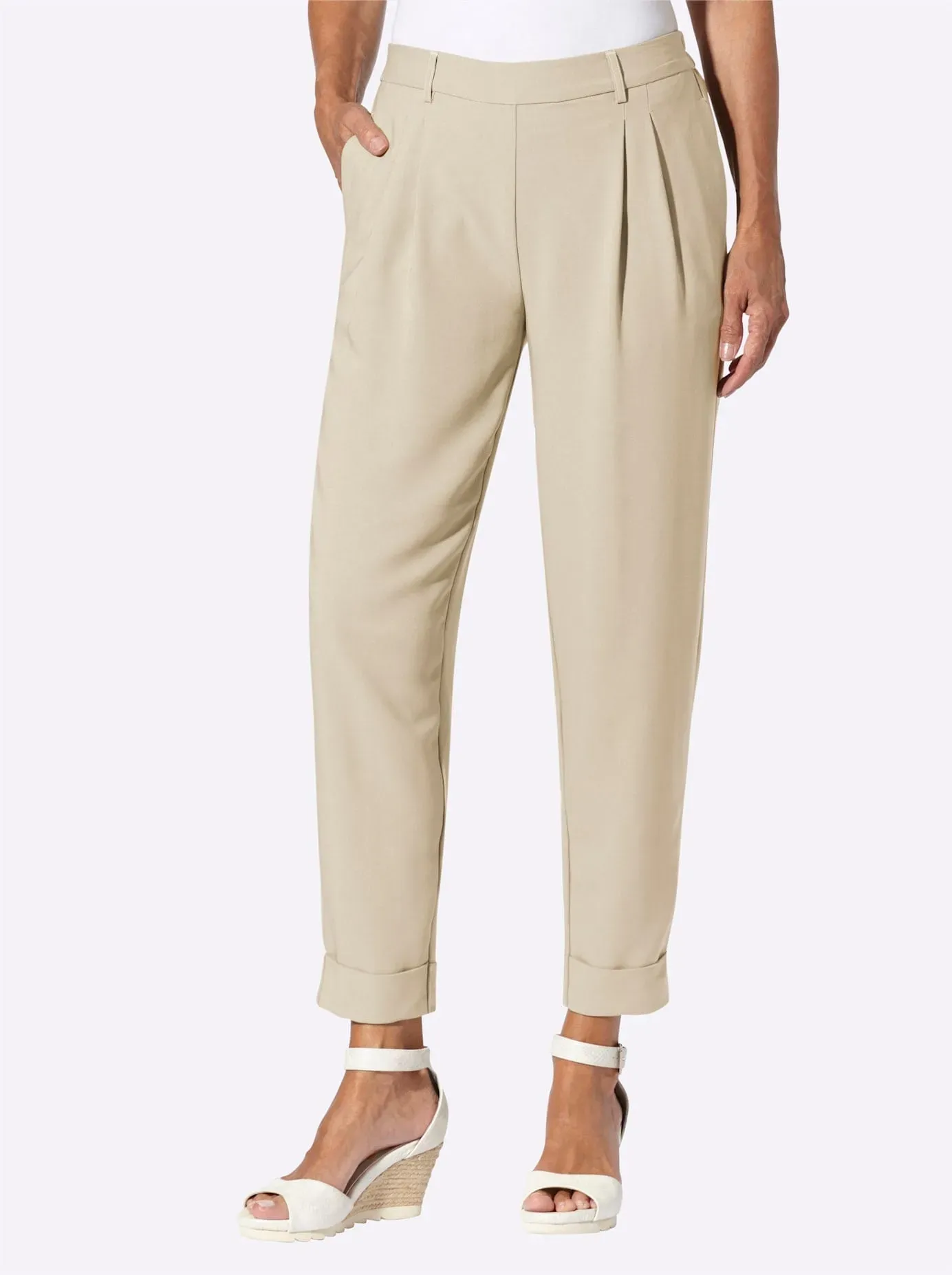 Bundfaltenhose INSPIRATIONEN, Damen, Gr. 50, Normalgrößen, sand, 94% Polyester, 6% Elasthan, Hosen