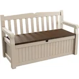 Keter Sitzbank Eden für Balkon und Garten, Gartenbank mit integrierter Kissenbox mit 265 l Stauraum, 140x60x84cm, wetterfest, pflegeleicht, beige, Outdoor, Holzoptik