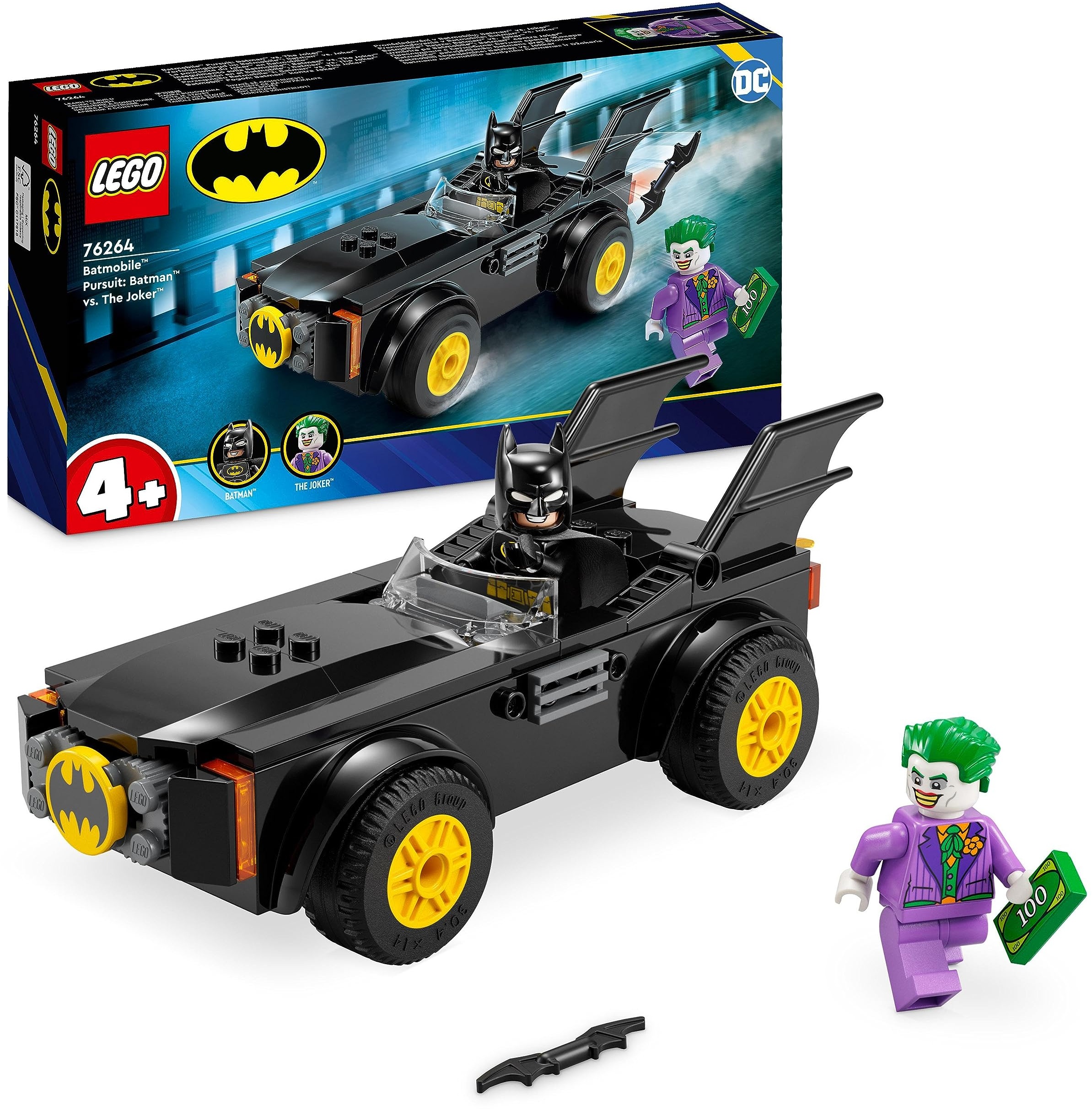 LEGO DC Verfolgungsjagd im Batmobile: Batman vs. Joker Spielzeugauto-Set, Superhelden-Starterset mit 2 Minifiguren, Spielzeug für Vorschulkinder, Jungen, Mädchen ab 4 Jahren, schnell aufgebaut 76264