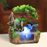 Tischbrunnen Wasserfall mit LED Beleuchtung, Nebel Zimmerbrunnen mit Pflanzen & Wasserlaufrad, Stream Tischbrunnen für Home Office, 25 * 15 * 27cm