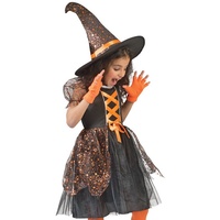 Funny Fashion Hexen-Kostüm Hexen Kostüm "Glenda" für Mädchen - Schwarz Orange, Glitzer Kinderkostüm mit Sternen 140