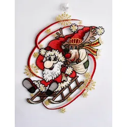 Fensterbild STICKEREIEN PLAUEN "Weihnachtsmann mit Schlitten", bunt, B:25cm H:30cm, Polyester, Fensterbilder