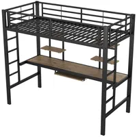 Rutaqian Hochbett Bettgestell Metallbett, Eisenbett, 140x200cm Hochbett mit Schreibtisch zwei Bücherregalen,für Kinder, Jugendliche und Erwachsene 90 cm x 200 cm