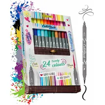 ONLINE USV-Systeme ONLINE Calli.Brush I 24 Double-Tip Pinselstifte mit Kalligrafie-Spitze & Pinselspitze I farbenfrohe Handlettering Stifte für Kalligraphie, Bullet Journals & Co. I in Bambus-Box