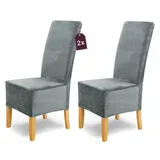 SCHEFFLER-Home Stretch Stuhlhussen Samt Puma Velvet/Velours Stuhlhussen 2er Set Grau lang/Stuhlabdeckung als Stuhlhussen Schwingstühle/Spann-Stuhlhussen Lang/eleganter Chenille Stuhlüberzug