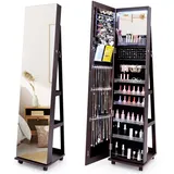 GOPLUS Schmuckschrank mit Ganzkörperspiegel, Spiegelschrank Schmuck mit Beleuchtung & Ablage, Schmuckaufbewahrung abschließbar mit Rollen, für Schlafzimmer, Ankleideraum (Dunkelbraun)