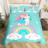Homewish Mädchen Fantasy Einhorn Bettbezug Set Wolken Regenbogen Märchen Bettwäsche 135x200cm für Kinder Prinzessin Jugendliche,Cartoon Tiere Pferd Sternmuster Bettwäscheset Schlafzimmerdekor