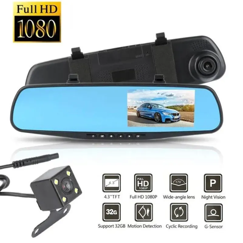 Dashcam/Autokamera – Rückspiegel mit Front- und Rückfahrkamera, Full HD 1080P, 12–24V