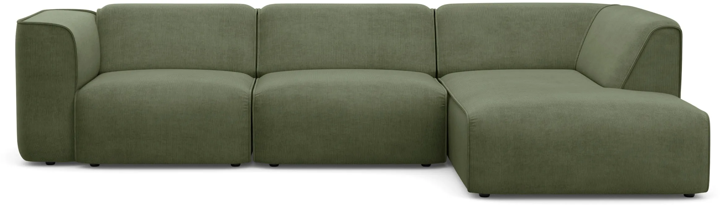 Ecksofa RAUM.ID "Merid jederzeit durch Module erweiterbar L-Form" Sofas Gr. B/H/T: 295cm x 70cm x 162cm, Samtcord, Ottomane rechts, grün als Modul oder separat verwendbar, für individuelle Zusammenstellung