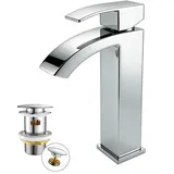 FORIOUS Wasserhahn Bad mit Ablaufgarnitur, Wasserfall Waschtischarmatur Hoch mit Auslauf Höhe 225 mm, Mischbatterie Armatur Badezimmer, Gitterauslauf, Energiesparend & Wassersparend, Chrom