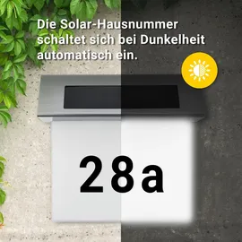 Melitec Solar-Hausnummer SH01 moderne LED-beleuchtete Hausnummer für außen, wasserdicht, aus Edelstahl, kabellose Solar-Hausnummernleuchte | Weiß/Silber