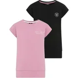 H.I.S. T-Shirt H.I.S "2er Packung Shirts mit modischen Bund für Mädchen", Mädchen, Gr. 164/170, schwarz (schwarz, rosa), Jersey, Obermaterial: 95% Baumwolle, 5% Elasthan, bedruckt, Basic hüftlang, Rundhals, angeschnitten Aufschlag, Shirts T-Shirt, Für TEENS.