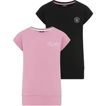 H.I.S. T-Shirt H.I.S "2er Packung Shirts mit modischen Bund für Mädchen", Mädchen, Gr. 164/170, schwarz (schwarz, rosa), Jersey, Obermaterial: 95% Baumwolle, 5% Elasthan, bedruckt, Basic hüftlang, Rundhals, angeschnitten Aufschlag, Shirts T-Shirt, Für TEENS.