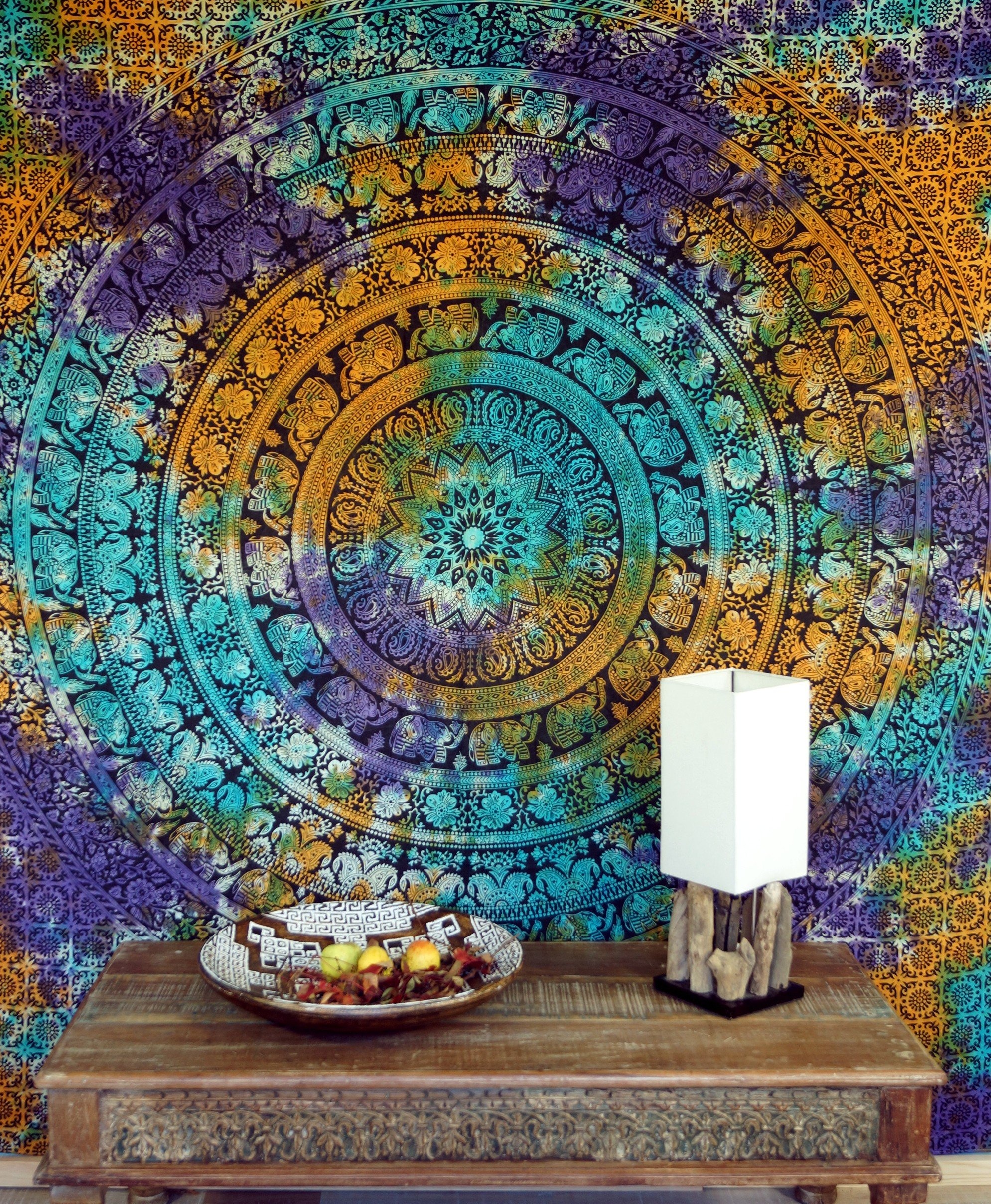 GURU SHOP Boho-Style Wandbehang, Indische Tagesdecke Mandala Druck - Batik, Mehrfarbig, Baumwolle, 240x210x0,2 cm, Bettüberwurf, Sofa Überwurf