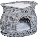 PawHut Rattan Katzenkorb Katzenhütte mit Kissen Katzenhöhle Katzenhaus mit Liegedach Haustierbett aus Wasserhyazinthe für Wohnzimmer Grau 56 x 37 x 40 cm