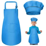 WEONE Kinder Schürze und Kochmütze Set, Kinder Einstellbare Kochschürze Kinderschürzen mit 2 Taschen für Jungen Mädchen, Kind Küchenschürzen für Küche Kochen Backen Malerei (7-13 Jahre) (Blau)