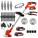 Akku Rasentrimmer mit Akku, Rasenkantenschneider mit 2 Akkus 21V und 4 Messertypen+1 Gartenschere,